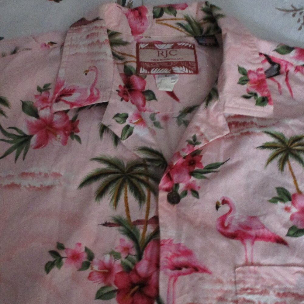Vintage Hawaiian PINK Flamingo Shirt RJC Hawaii size L